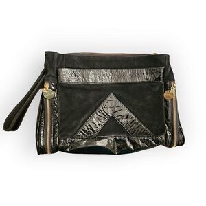 Gustto Black Patent Leather and Suede Large Wristlet Lapol Clutch